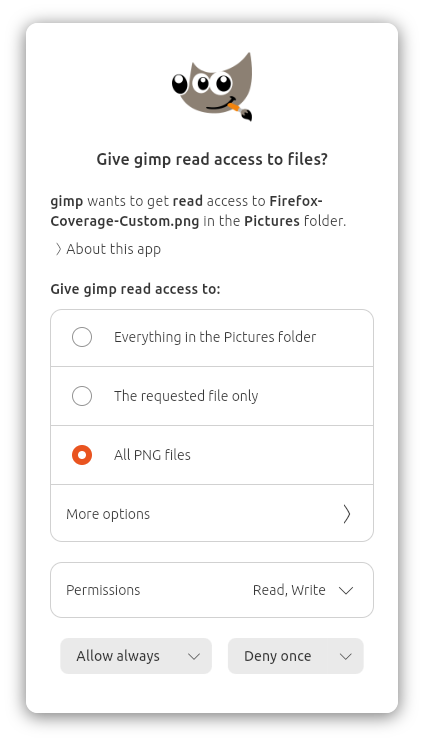 A prompt for GIMP to access a PNG file in Pictures, with the "All PNG files" option selected with Read, Write