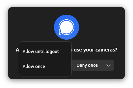 A prompt to allow signal-desktop to use your cameras, with drop-down showing "Allow until logout" and "Allow once"