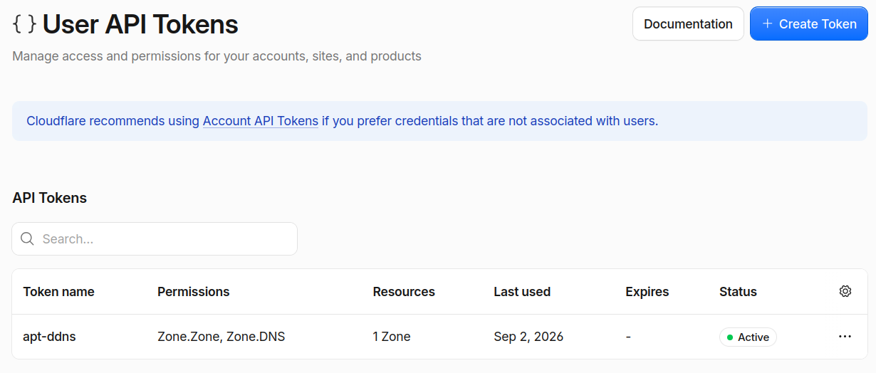 Cloudflare's User API Tokens landing page