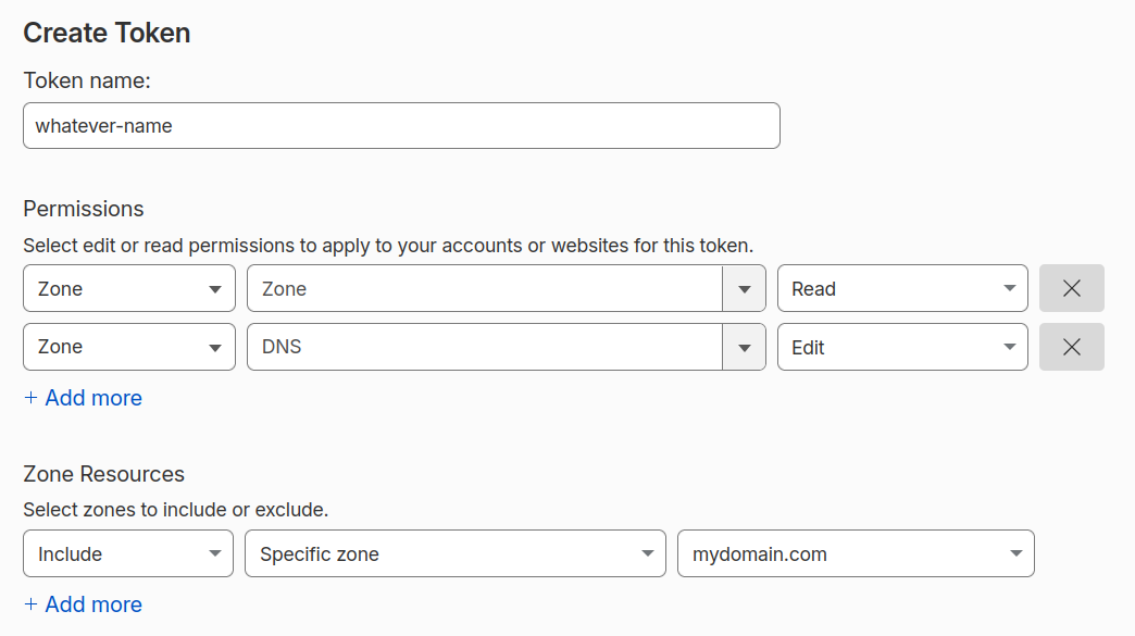 Cloudflare's Create Token configuration page