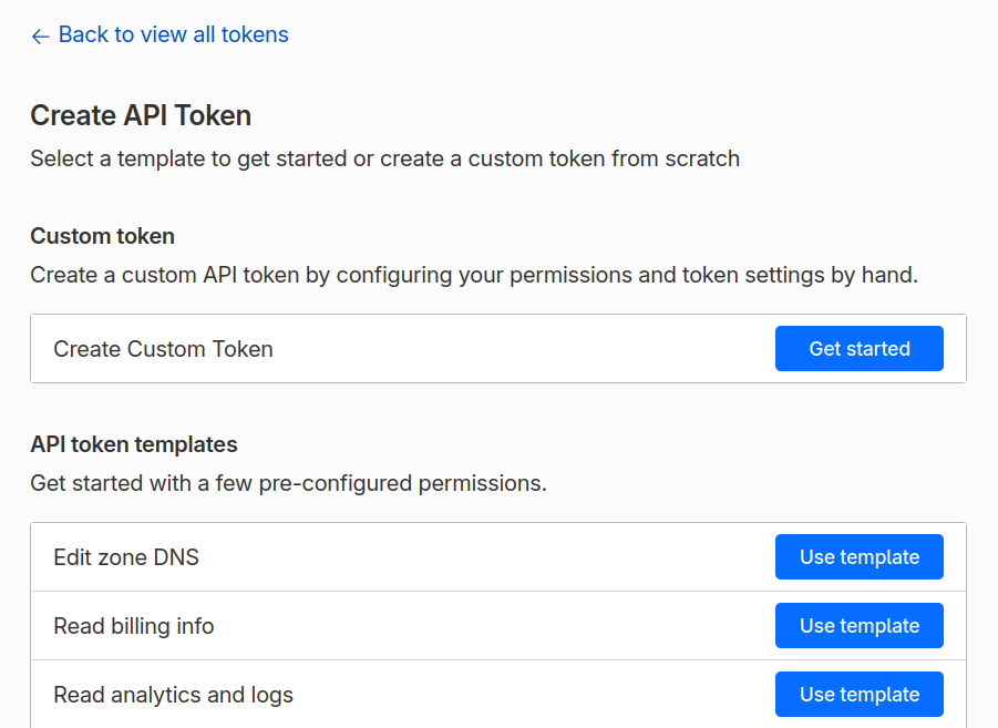 Cloudflare's Create API Token page with custom token and template options