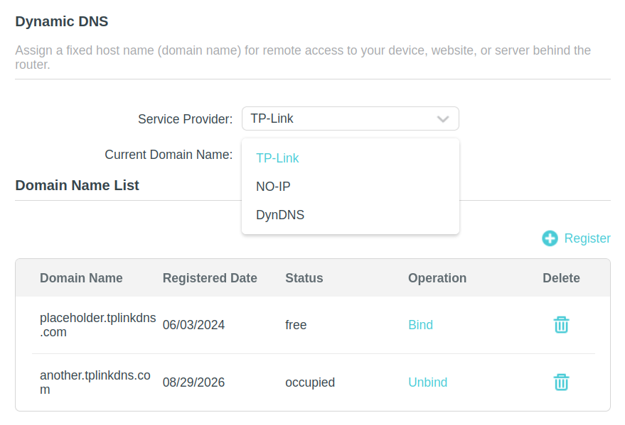 Screenshot of TPLink router Dynamic DNS configuration page